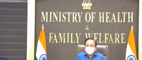 Union Health Minister Harsh Vardhan addressing the virtual conference with state health ministers. Photo: Official Twitter Handle of Harsh Vardhan