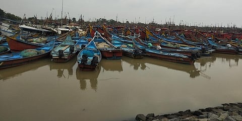 Fishing vessels moored at the harbour in Paradip due to the fishing holiday. Photo: Ashis Senapati