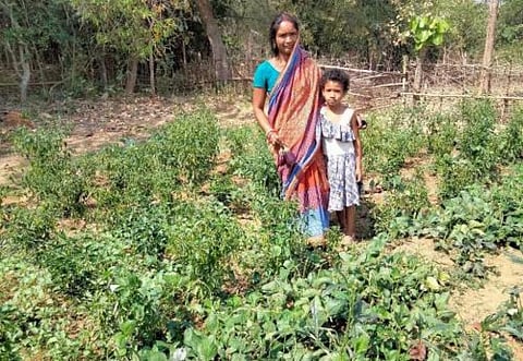 Niati Naik with her daughter at a kitchen garden. Photo: Srinibas Das