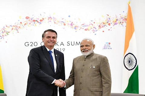 Jair Bolsonaro meeting fellow populist Narendra Modi, prior to the COVID-19 pandemic. File Photo credit: Twitter@narendramodi