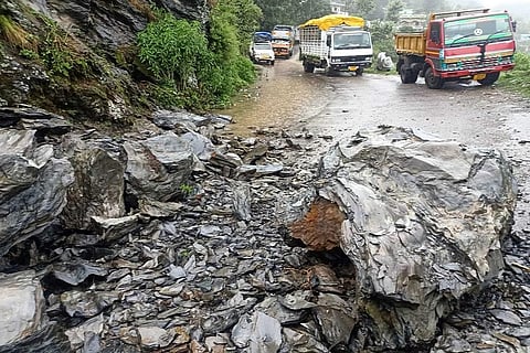 A road in Uttarakhand blocked by debris due to heavy rains. Photo: Trilochan Bhatt