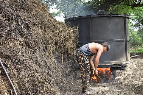 ऊंचाहार में पिपरमेंट की पेराई के लिए टंकी गर्म करता किसान (फ़ोटो गौरव गुलमोहर)