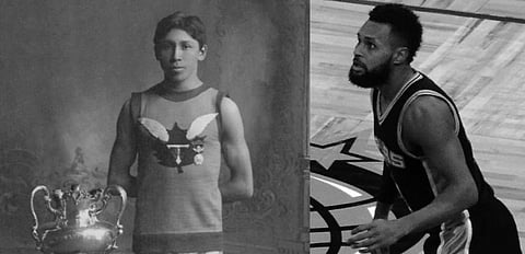 (Left) Tom Longboat, an Iroquois long distance runner who represented Canada at the beginning of the last century. Patty Mills (Right), an NBA star, is Aboriginal Australian. He led the Australian contingent this year at Tokyo. Photo: Wikimedia Commons