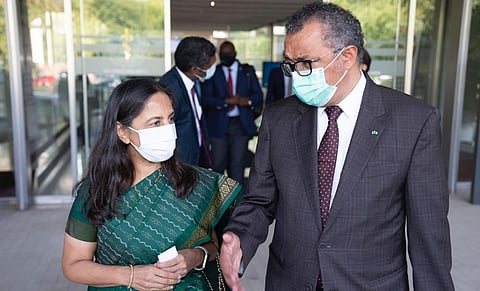 MEA Secretary (West), Reenat Sandhu with WHO Director-General Tedros Ghebreyesus earlier this month. Photo: @DrTedros / Twitter