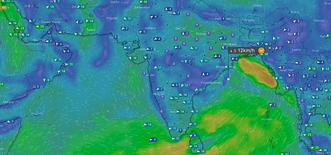 A screengrab of a forecast by windy.com on October 11, which shows a low pressure system in the Bay of Bengal