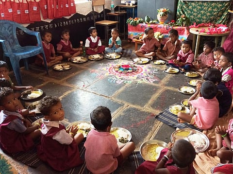 Children are served lunch at Khwasfarki 1 anganwadi in Manpur block of Rajnandgaon, Chattisgarh. The district serves four meals a day to malnourished children. Photo: Deepanwita Niyogi