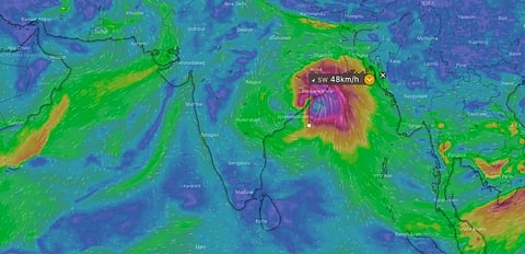 A screen grab of the Windy.com website showing the cyclone in the Bay of Bengal at 4.48 PM, November 26, 2021