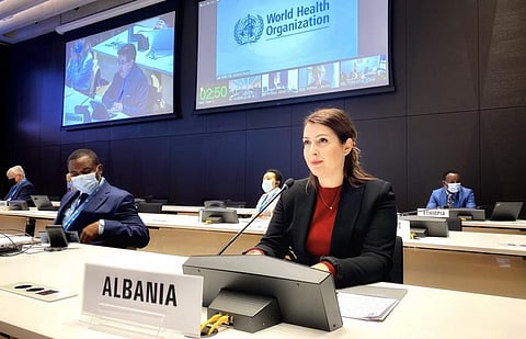 Ogerta Manastirliu from Albania's Ministry of Health and Social Protection at the World Health Assembly's special session. Photo: @GManastirliu / Twitter