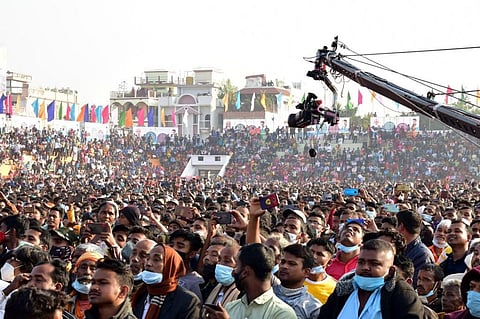 Crowd at a public rally in Agartala held by Prime Minister Narendra Modi and Civil Aviation Minister Jyotiraditya Scindia on January 4, 2022. Photo: @prangshudeb / Twitter