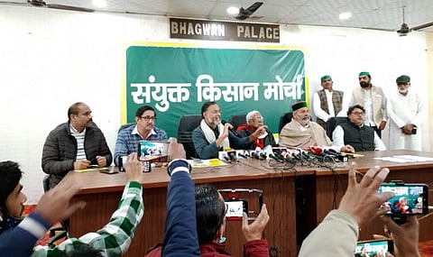 Farmer leader Rakesh Tikait in a press conference in Meerut February 6. Photo: @RakeshTikaitBKU / Twitter