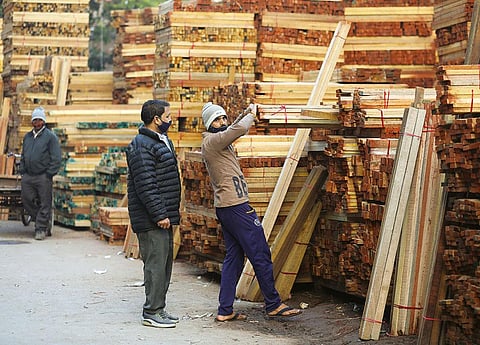 दिल्ली के कीर्ति नगर में स्थित टिंबर मार्केट में आयातित लकड़ियों की भरमार है (फोटो: विकास चौधरी / सीएसई)