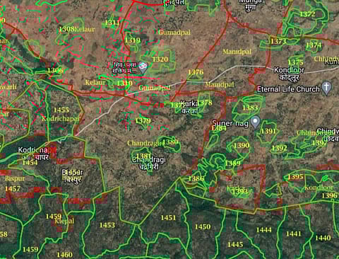 A map of the revenue boundary of Chandragiri village (and neighbouring villages), overlaid on Google Earth and forest compartment maps. (Screenshot from httpcfr.atree.orgbastar)