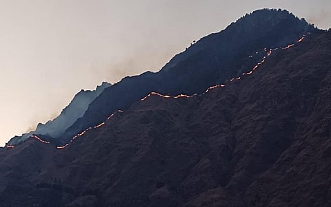 9 मार्च को चमोली जिला मुख्यालय गोपेश्वर के पास जंगल में लगी आग। फोटो: अतुल सती