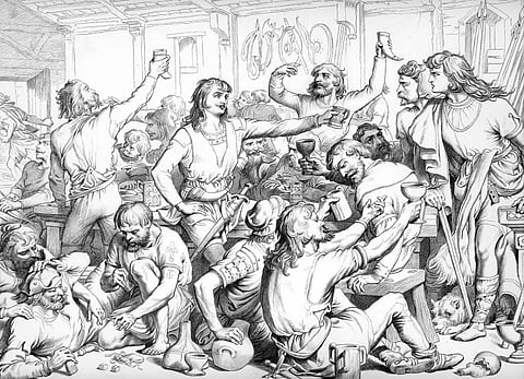 An engraving showing a banquet involving Hereward the Wake. Hereward started an Anglo-Saxon guerrilla war after the Norman Conquest of England. His hideout was the island of Ely near Cambridge and he is thought to be an inspiration for Robin Hood. Photo: iStock