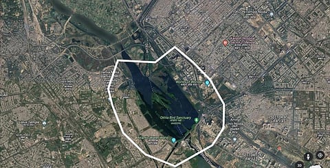 A Google Earth screengrab of all places within a kilometre of the Okhla Bird Santuary in Delhi and the National Capital Region