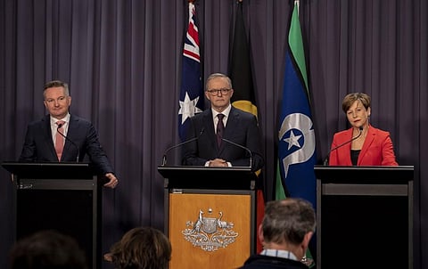 Australia’s Minister for Climate Change and Energy, Chris Bowen (left), during the media interaction June 16. Prime Minister Anthony Albanese is in the centre. Photo: @Bowenchris / Twitter