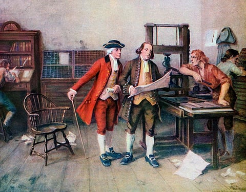 Ben Franklin, centre, inserted an abortion recipe in a popular textbook he republished in 1748
