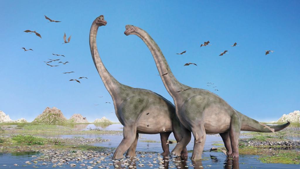 Couple of Brachiosaurus altithorax and a flock of Pterosaurs in a scenic Late Jurassic landscape. Photo: iStock