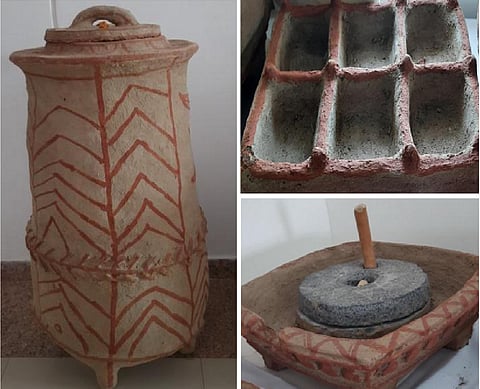 From L-R clockwise: A Kothi for storing grain and hiding valuables, a Masaladani for storing spices and Ghatti for grinding grains. Photos: Tribal Museum, Govind Guru Tribal University