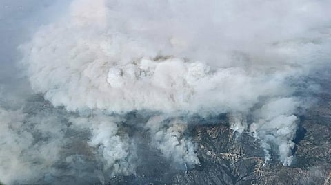 Smoke rises from the Bobcat Fire, which burned more than 115,000 acres (46,539 hectares) in Southern California’s San Gabriel Mountains in 2020. In the months before the fire, NASA’s ECOSTRESS passed over the area aboard the International Space Station, collecting data on plant water use. Photo: NASA