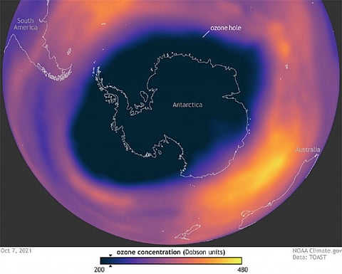 A “hole” in the ozone layer over the Antarctic. Photo: National Oceanic and Atmospheric Administration