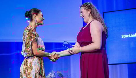 Annabelle M Rayson (right) from Canada receives her prize from Crown Princess Victoria of Sweden. Photo: SIWI