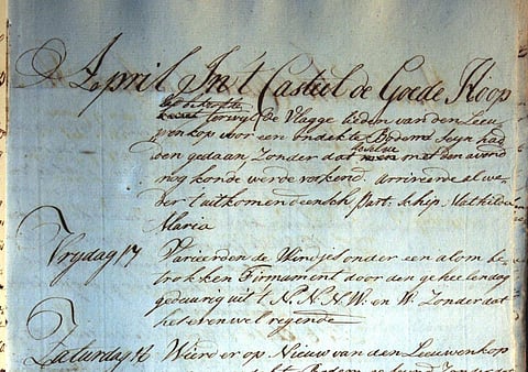 A copy of the VOC’s registers for April 1789. These daily registers contained rich detail - including about the weather. Photo: Tracing History Trust