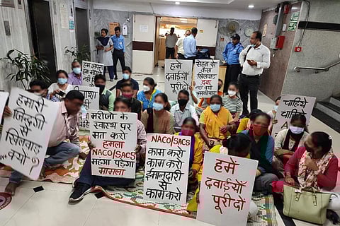 Claiming a shortage of antiretroviral drugs, HIV patients have been protesting since July 21 outside the National AIDS Control Organisation office in Delhi (Photo: Hari Shankar Singh)