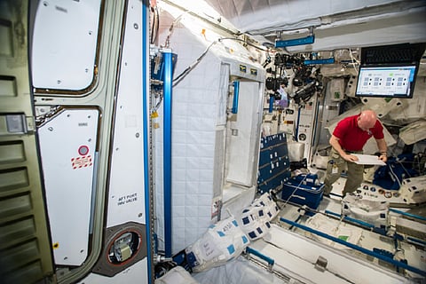 An astronaut collecting surface and air samples to characterise types of microbial populations on ISS. Photo: NASA