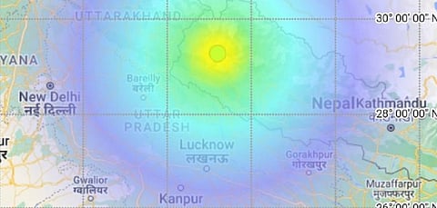 A screen grab of the map tweeted by the National Center for Seismology, New Delhi, showing the epicentre of the quake in Nepal on November 12