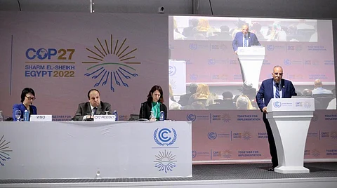 Deputy Secretary General of World Metrological Organization Elena Manaenkova (L), head of COP27 Presidency Sameh Shoukry and others during the launch of AWARe. Photo: United Nations