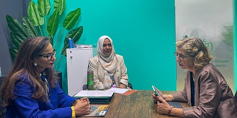 Pakistan Climate Minister Shahrbano Rahman meets with UNEP Executive Director Inger Andersen at COP27. Photo: @sherryrehman / Twitter