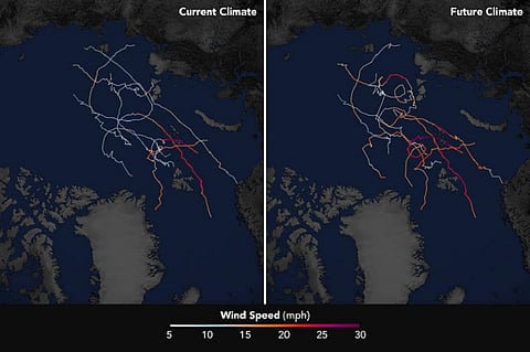 The maps above show simulated storm tracks and wind speeds of nine Arctic cyclones. The left image represents simulated storm tracks as they hit the Arctic in the past decade. The right image shows how the cyclones are projected to respond to climate change by the end of the century. Photo: NASA Earth Observatory/Joshua Stevens, using data from Parker, CL et al
