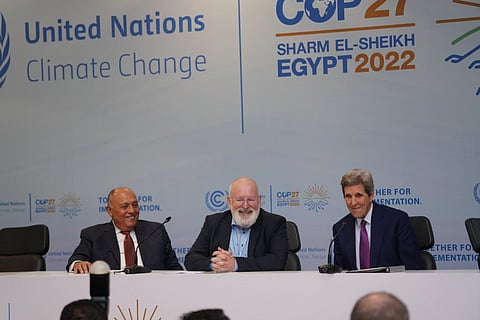 (L-R) COP27 President Sameh Shoukry joined executive vice president of the European Commission Frans Timmermans and US Special Presidential Envoy for Climate John Kerry at the Global Methane Pledge ministerial meeting. Photo: @COP27P/Twitter