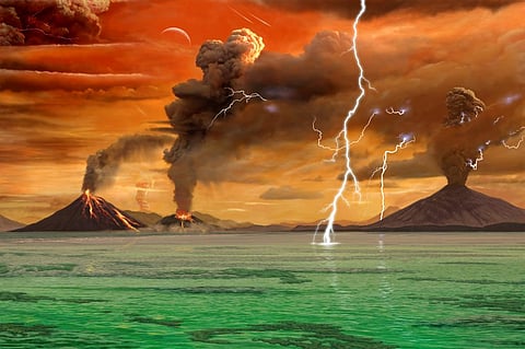 An artist’s impression of the Earth around 2.7 billion years ago in the Archean Eon. With green iron-rich seas, an orange methane-rich atmosphere and a surface dominated by oceans, the Archean Earth would have been a very different place. Illustration: Andrey Atuchin, Author provided (no reuse)