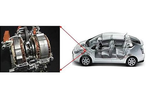 फोटो साभार :पीआईबी, इलेक्ट्रिक मोटर के साथ टोयोटा प्रिअस कार जिसमें लगभग 1 किलोग्राम का एनडी-एफई-बी चुंबक प्रयोग होता है