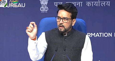 Union Minister Anurag Thakur addresses journalists as he talks about the approval to the National Green Hydrogen Mission. Photo:
@Anurag_Office / Twitter
