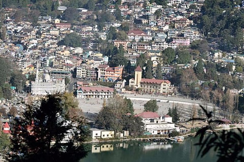 The slope in Nainital that suffered a devastating landslide in 1880 during the British Raj, is now dotted with concrete buildings. Photo: Vishal Singh