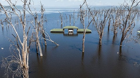 A May 2022 drone image of the submerged main entrance to Lake Nakuru National Park. Photo: James Wakibia / SOPA Images / LightRocket via Getty Images