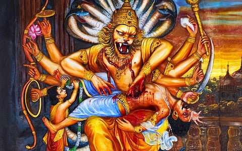 A popular representation of Narasimha disemboweling Hiranyakashipu with his nails on the walls of the ISCKON Temple in Pune. Photo: iStock