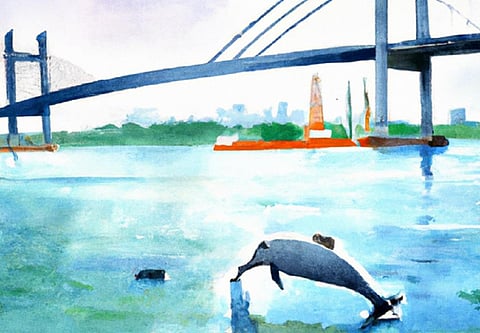 Shipping noise can interfere with the critical activities of the Ganges dolphin, decreasing survival rates and population. Illustration (created with the help of DALLE 2): Gargi Roy Chowdhury.