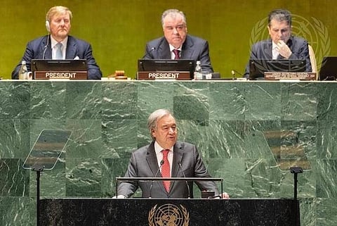 UN Secretary-General Antonio Guterres addresses the UN 2023 Water Conference.