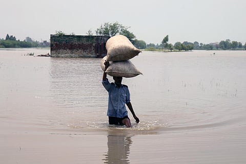 भारी बारिश और बाढ़ में मवेशियों के लिए चारा ले जाता किसान; फोटो: आईस्टॉक