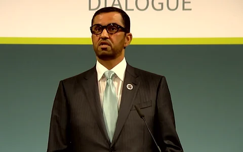 COP28 President-Designate Sultan Al Jaber from UAE speaking at the opening session of the 14th Petersberg Climate Dialogue. Photo: @GermanyDiplo / Twitter