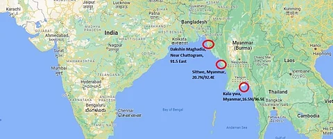 The likely places where Mocha could make landfall. Source: Tropical Weather Outlook report, IMD on May 5, 2023
