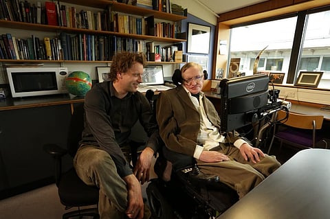 Hawking and the author. Photograph: Thomas Hertog and Jonathan Wood, Author provided