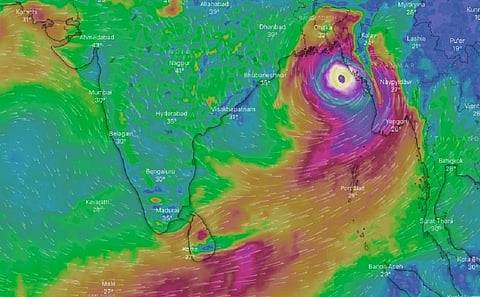 The cyclone is likely to hit the coasts between Cox’s Bazar in Bangladesh and Kyaukpyu in Myanmar by the afternoon on May 14. Image: A screengrab from Windy.