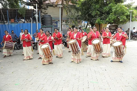 Women drummers playing chenda (a percussion instrument) during the celebrations. Photo: Facebook/Kudumbashree.