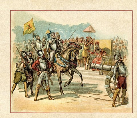 Spanish Conquistador Hernan Cortes enters Tenochtitlan and is received by Aztec Emperor Moctezuma. Illustration: iStock