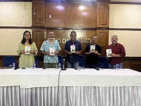 From (l-r) Jayashree Nandi, Nitin Sethi, Hridayesh Joshi, Alok Joshi and Charu Tewari relaunch 'Tum Chup Kyon Rahe Kedar'. Photo: @Osama_Zakariaa / Twitter
